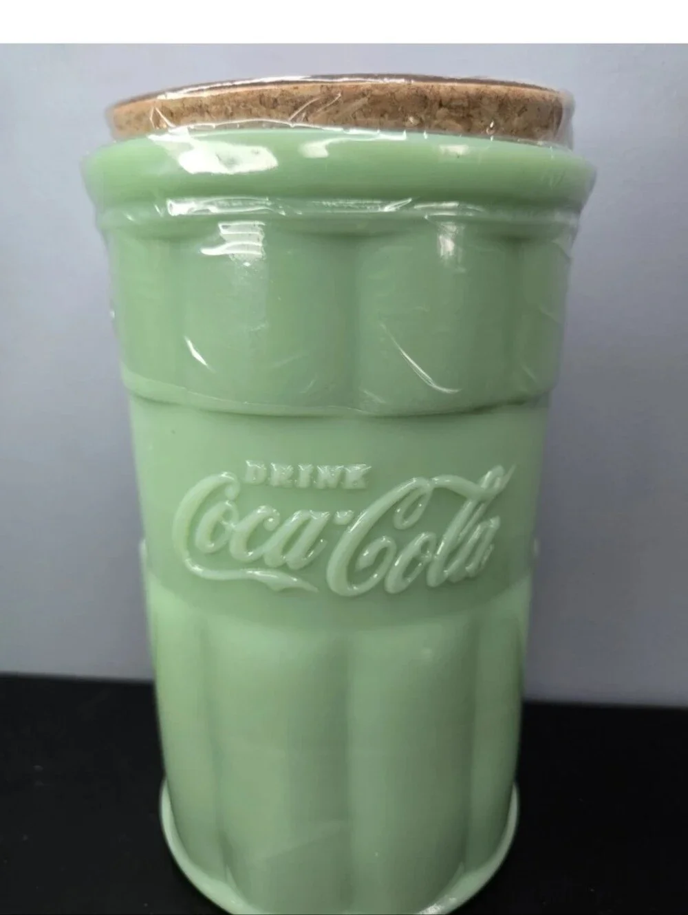 Green Jadeite Coca-Cola Glass Kitchen Canister New/Sealed 38ozw Cork Lid R.E.A.D